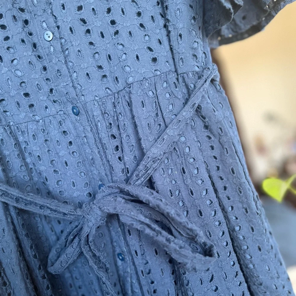 Navy Blue Cotton Eyelet Midi Dress - Picture 5 of 8